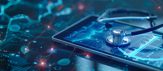medical with advance technology concept background. tablet and stethoscope at hospital