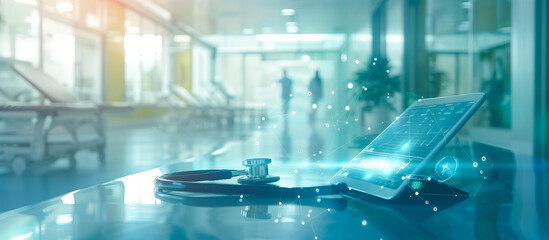 medical with advance technology concept background. tablet and stethoscope at hospital