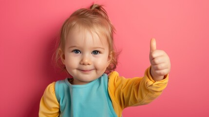 Portrait of a cute little girl showing thumbs up on a pink background
