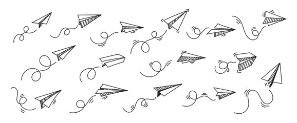 Set of Vector paper airplane. Travel, route symbol. Set of vector illustration of hand drawn paper plane. Isolated. Outline. Hand drawn doodle airplane. Black linear paper plane icon. - obrazy, fototapety, plakaty