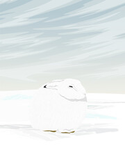 Arctic hare sits on the snow. Wild animal of the Arctic tundra in winter. Realistic vector vertical landscape