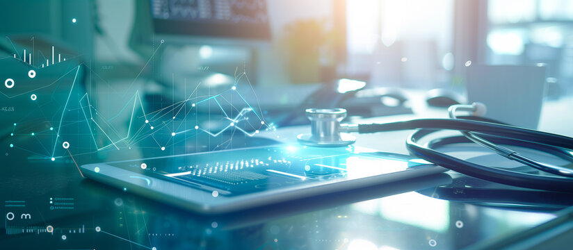 medical with advance technology concept background. tablet and stethoscope at hospital