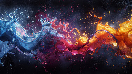 Abstract composition of colorful liquid splashes colliding in mid air forming intricate patterns and shapes against a black background - obrazy, fototapety, plakaty