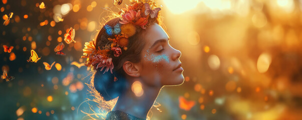 Beautiful stylish creative summer background. Spring fashion portrait of a woman with flowers and butterflies on her head and in her hair.  Female beauty concept - obrazy, fototapety, plakaty