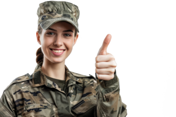 beautiful soldier woman sending thumbs up, isolated on white or transparent png