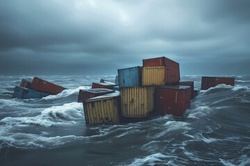 Aftermath of storm with containers flowing on water surface. Brightly colored exteriors stark against gray backdrop of stormy ocean