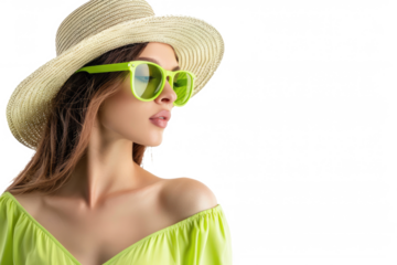 beautiful woman in summer dress, beach hat and sunglasses isolated on white or transparent