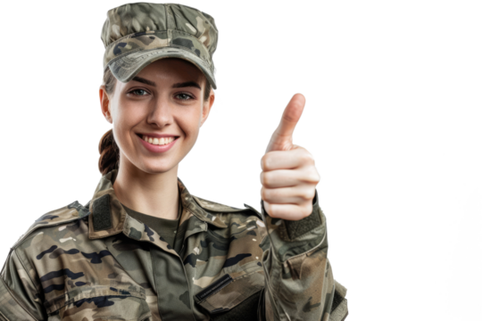 beautiful soldier woman sending thumbs up, isolated on white or transparent png