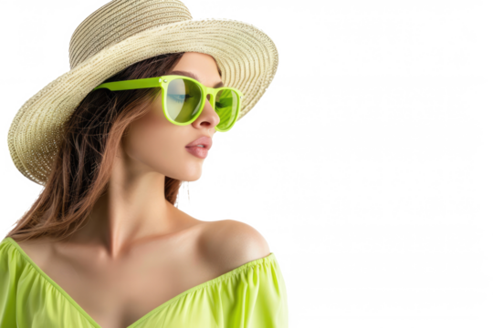 beautiful woman in summer dress, beach hat and sunglasses isolated on white or transparent - Powered by Adobe