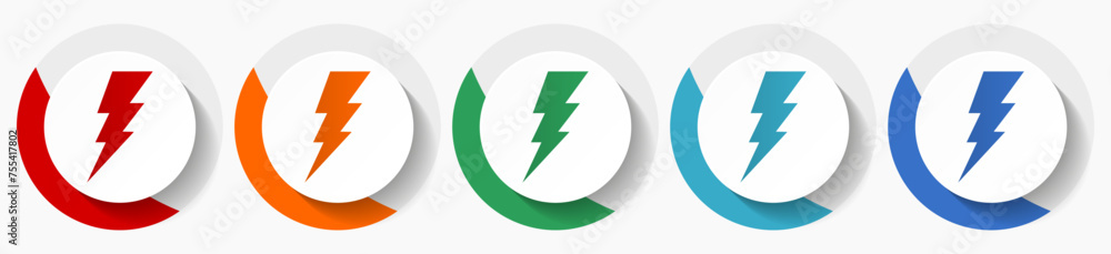 Poster Bolt, electricity vector icon set, flat icons for logo design, webdesign and mobile applications, colorful round buttons