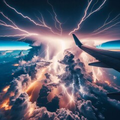View across plane wing, flying over storm clouds and lightning in sky
