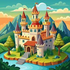 A whimsical cartoon castle with towers and flags perched on a rolling hill, vector castle