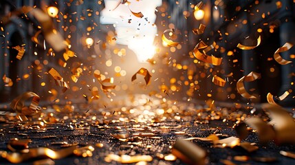 Gold Confetti Falling From the Sky - obrazy, fototapety, plakaty