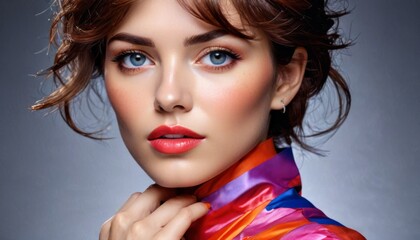Fototapeta premium a close up of a woman with blue eyes wearing an orange and pink shirt and a red and blue tie.