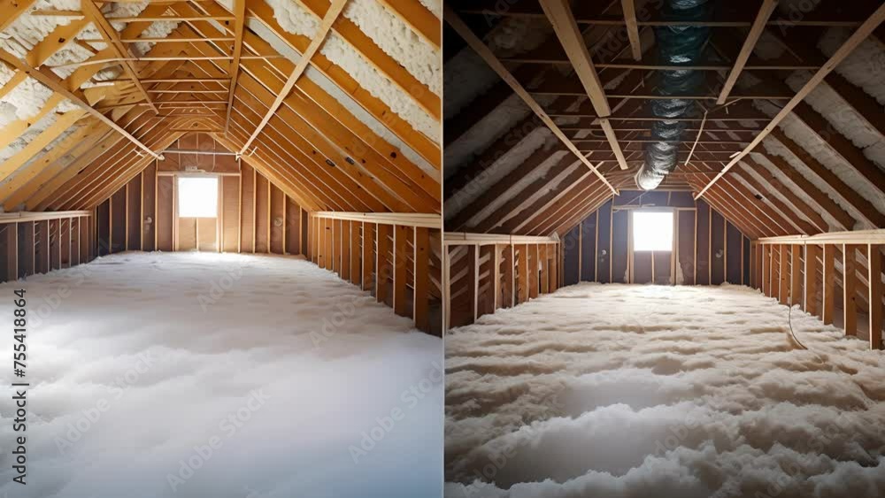 Poster a before and after comparison photo of a homes attic showing the transformation after insulation tec