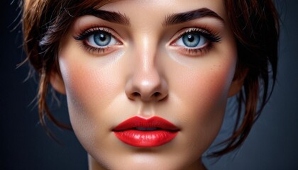  a close up of a woman's face with blue eyes and a red lipstick on her lips and a black background.