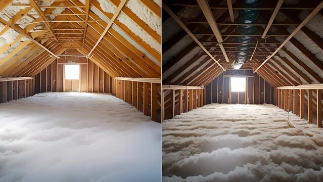 A before and after comparison photo of a homes attic showing the transformation after insulation technicians added a thick layer of spray foam insulation to the space.