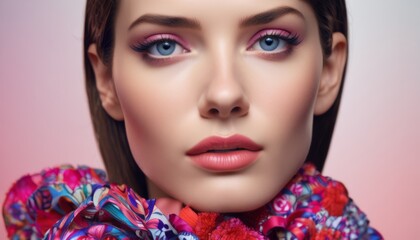  a close up of a woman's face with blue eyes and a flowery scarf around her neck and a pink background.
