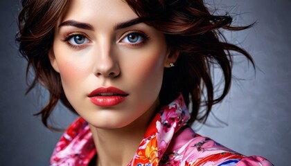 Fototapeta premium a close up of a woman with blue eyes wearing a pink shirt and a red flowered scarf around her neck.