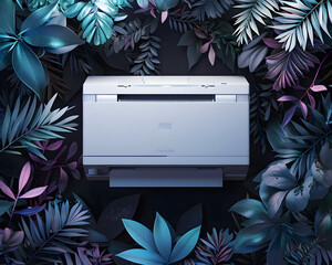 Modern air conditioner surrounded by tropical foliage