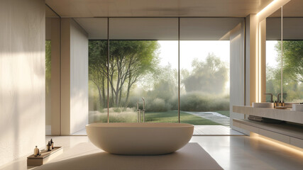 Vessel bathtub by panoramic window in luxurious minimalist bathroom. Large spa center body relaxing procedures in elegant washroom