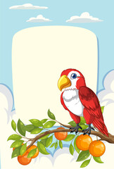 Vibrant parrot perched on branch with oranges.