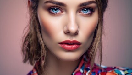  a close up of a woman's face with blue eyes and a colorful shirt on top of her head.