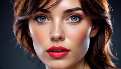 Fototapeta premium a close up of a woman's face with blue eyes and a red lipstick on her lips and a black background.
