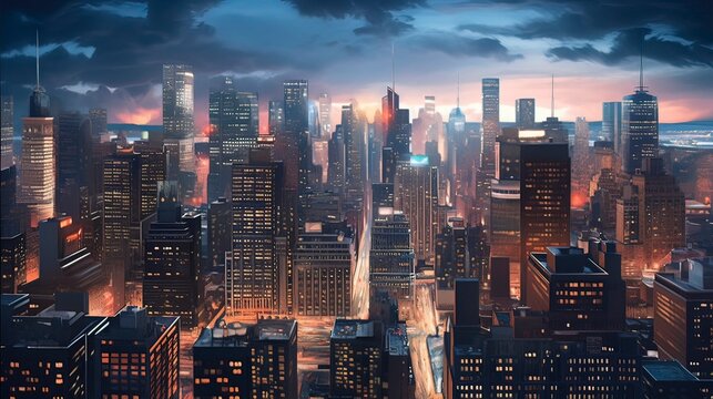 A breathtaking, highly-detailed photograph of a bustling cityscape at dusk, Generative ai.