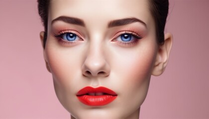 Fototapeta premium a woman's face with a red lip and red lipstick on her lips, with a pink background and a pink background.