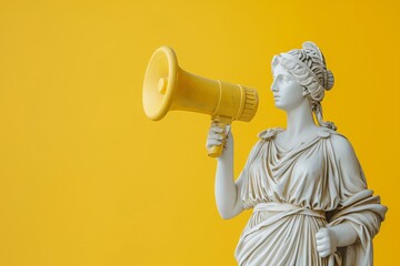 Greek Statue Holding a Megaphone Against Yellow Background
