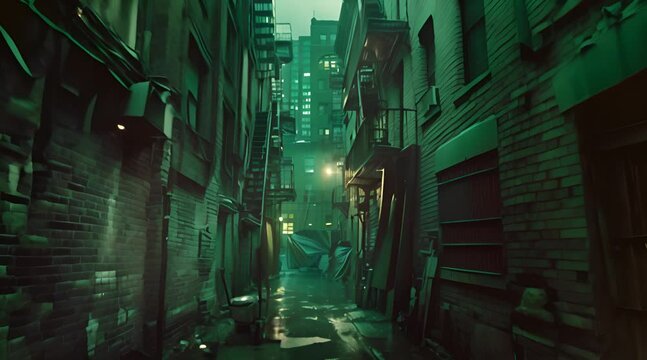 narrow alley of the building, dimly lit by green lights