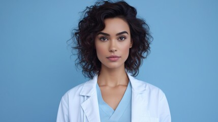 Confident Female Doctor Against Blue Background - obrazy, fototapety, plakaty