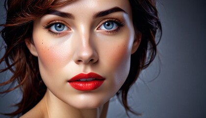  a close up of a woman's face with blue eyes and a red lipstick on her lips and a gray background. - obrazy, fototapety, plakaty