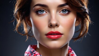 Fototapeta premium a close up of a woman's face with blue eyes and a red flowered shirt on a black background.