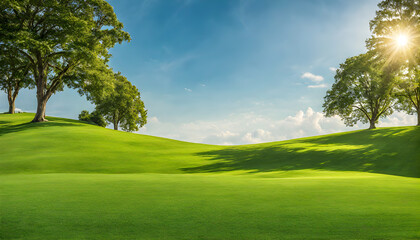Wide lawn trimmed with precision under a blue sunny sky
