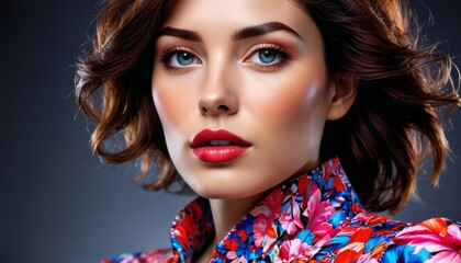  a close up of a woman's face with blue eyes and a red flowered shirt over her shoulders.