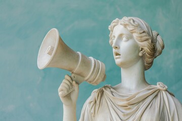 Greek Statue Holding a Megaphone Against Blue Background
