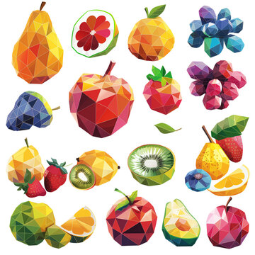 several fruits on white background, polygon, suitable for crafting and digital design projects