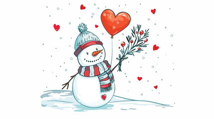Vector illustration of snowman with red heart balloon