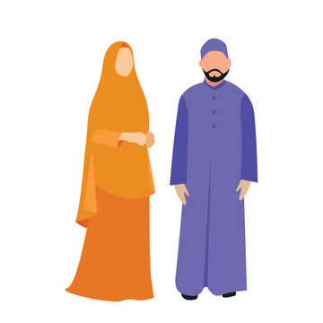 Muslim men and women are standing in Islamic clothing