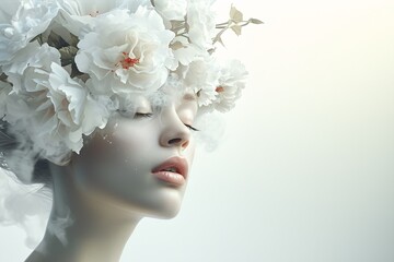 Serene Woman With Floral Headpiece in Misty Ambiance