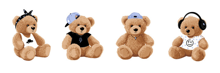 Cute little teddy bear doll set. Vector illustrations isolated on white background.