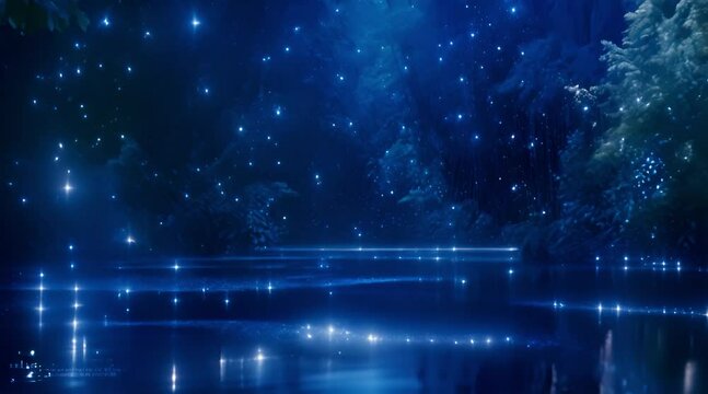 blue color water with fireflies, holographic astral cosmic illustration