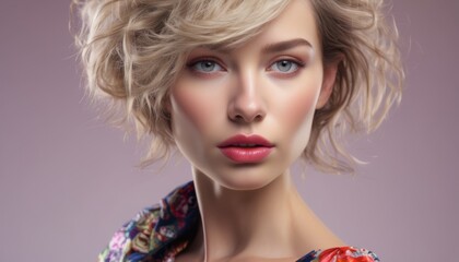  a close up of a woman's face with a short, blonde haircut and a flowered blouse.