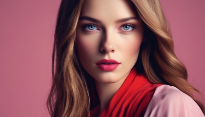 Fototapeta premium a close up of a woman with blue eyes and a red scarf around her neck, with a pink background.