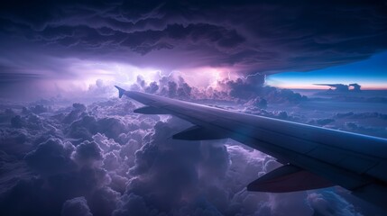 View across plane wing, flying over storm clouds and lightning in sky
