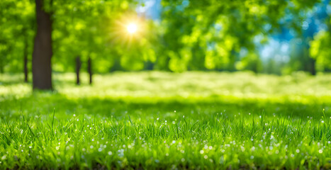 Fototapeta na wymiar Fresh Springtime Lawn Under Sunny Sky