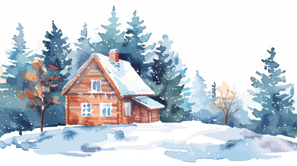 watercolor winter landscape with a cozy house. flat vector