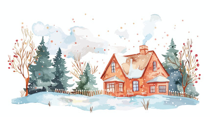 Fototapeta na wymiar watercolor winter landscape with a cozy house. flat vector